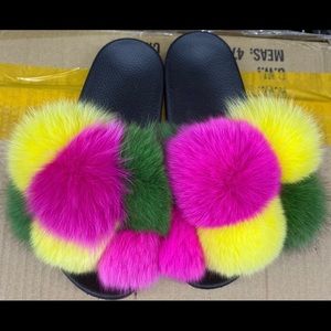 Women Real Fox Fur Furry Slides Multicolored Pompom Plush Slides Multiple Sz